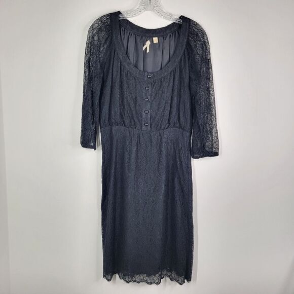 MAEVE ANTHROPOLOGIE Little Black Lace Holiday Party Shift Dress 3/4 Sleeves 6 - Picture 2 of 7
